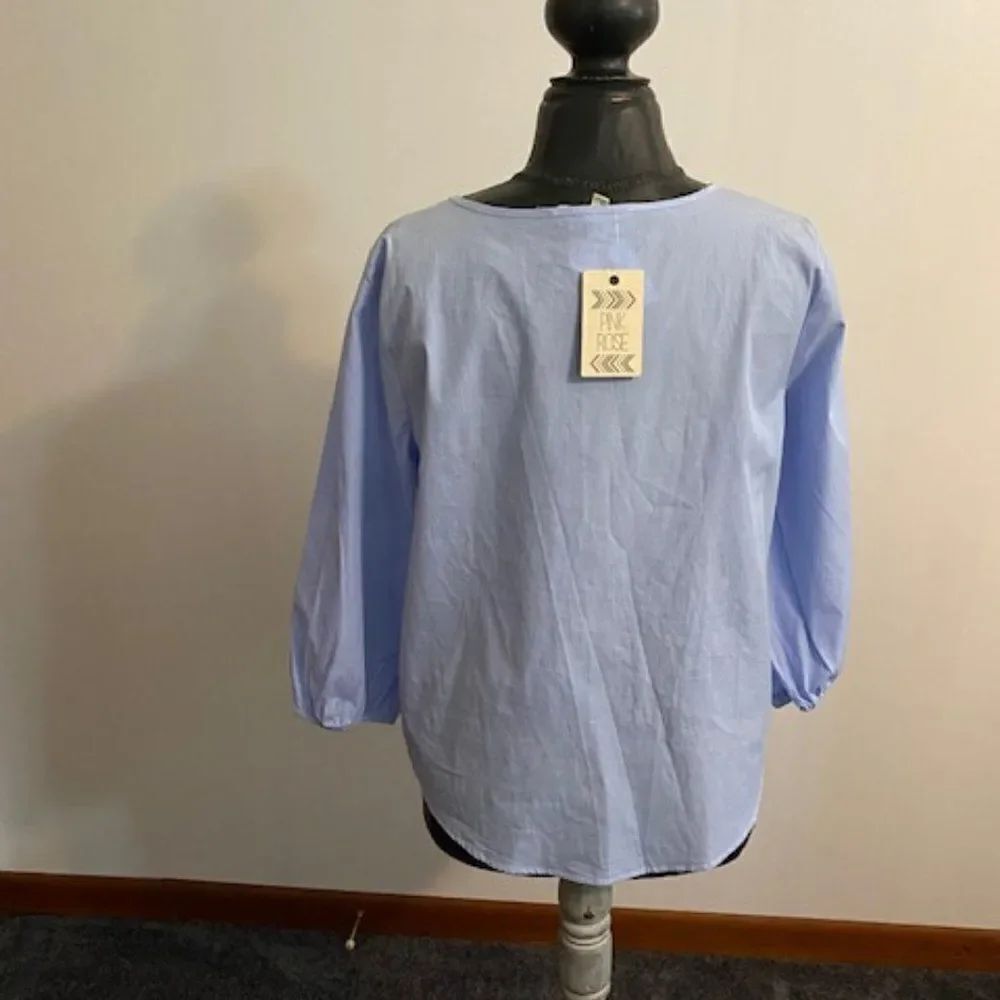 Pink Rose Blue White pinstripe top, size Large - Picture 2 of 3